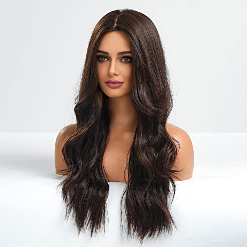 24 inch Wavy Long Brown Middle Parting Heat Resistant Synthetic Wig - Image 3