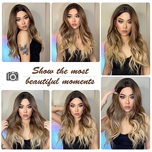24 inch Wavy Long Brown Middle Parting Heat Resistant Synthetic Wig - Image 37