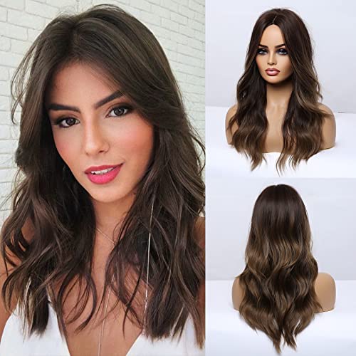 24 inch Wavy Long Brown Middle Parting Heat Resistant Synthetic Wig - Image 48