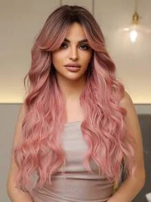 26 Inch Butterfly Haircut Pink Long Curly Wigs With Bangs - Image 2