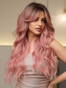 26 Inch Butterfly Haircut Pink Long Curly Wigs With Bangs - Image 3