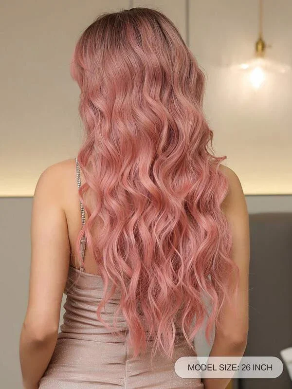 26 Inch Butterfly Haircut Pink Long Curly Wigs With Bangs - Image 7