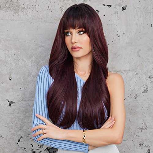 Auburn Ombre Wine Color Wigs with Bangs - Image 2