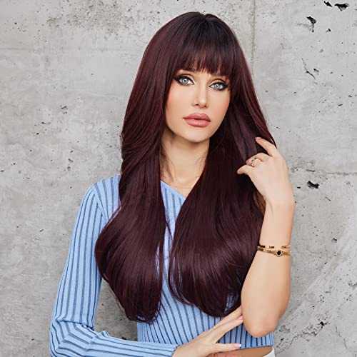 Auburn Ombre Wine Color Wigs with Bangs - Image 3