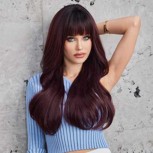 Auburn Ombre Wine Color Wigs with Bangs - Image 5