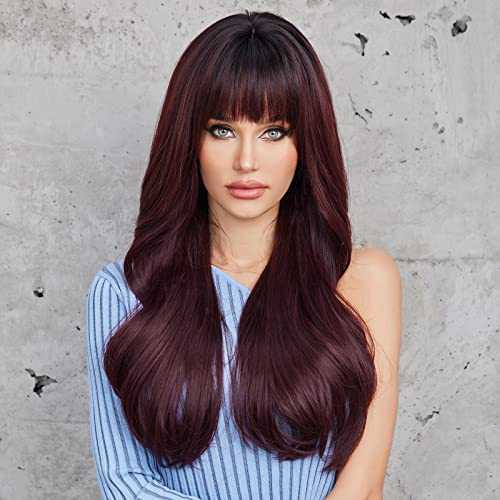 Auburn Ombre Wine Color Wigs with Bangs - Image 7