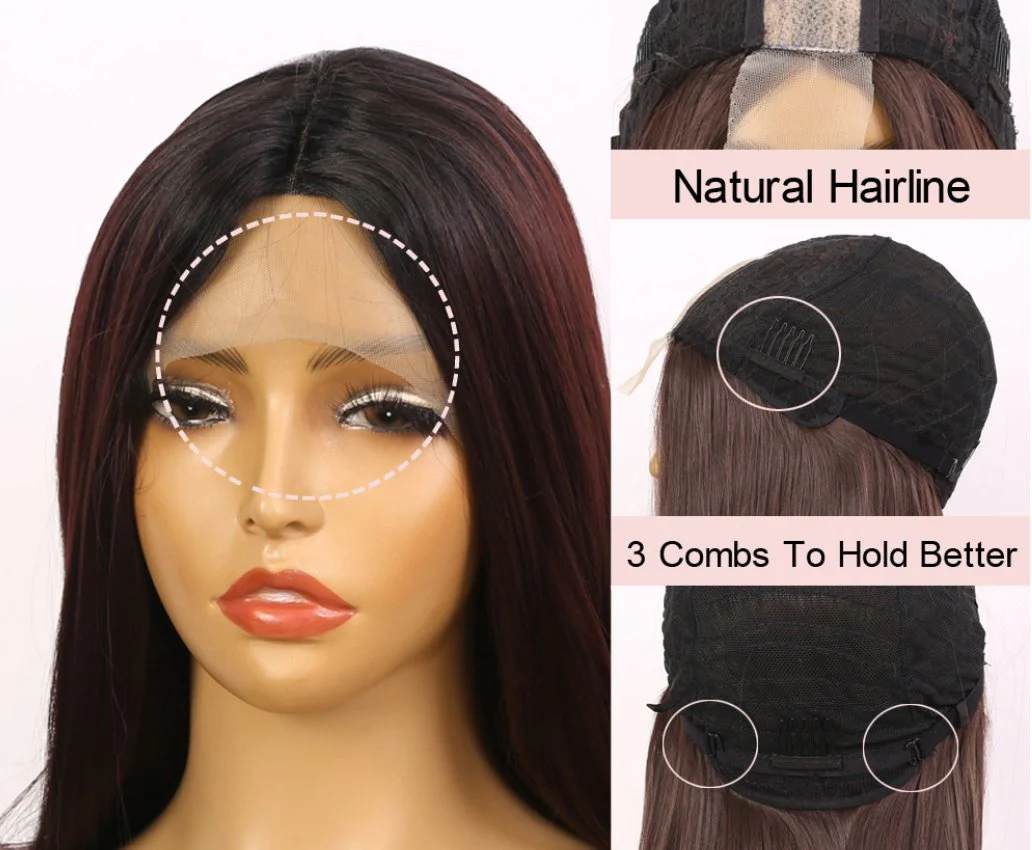 Black and Burgundy Coloured Synthetic HD Lace Front Wig - Image 4