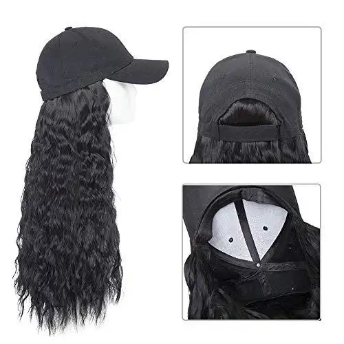 Black Baseball Cap with 19 Inch Wavy Hair Extensions - Image 7