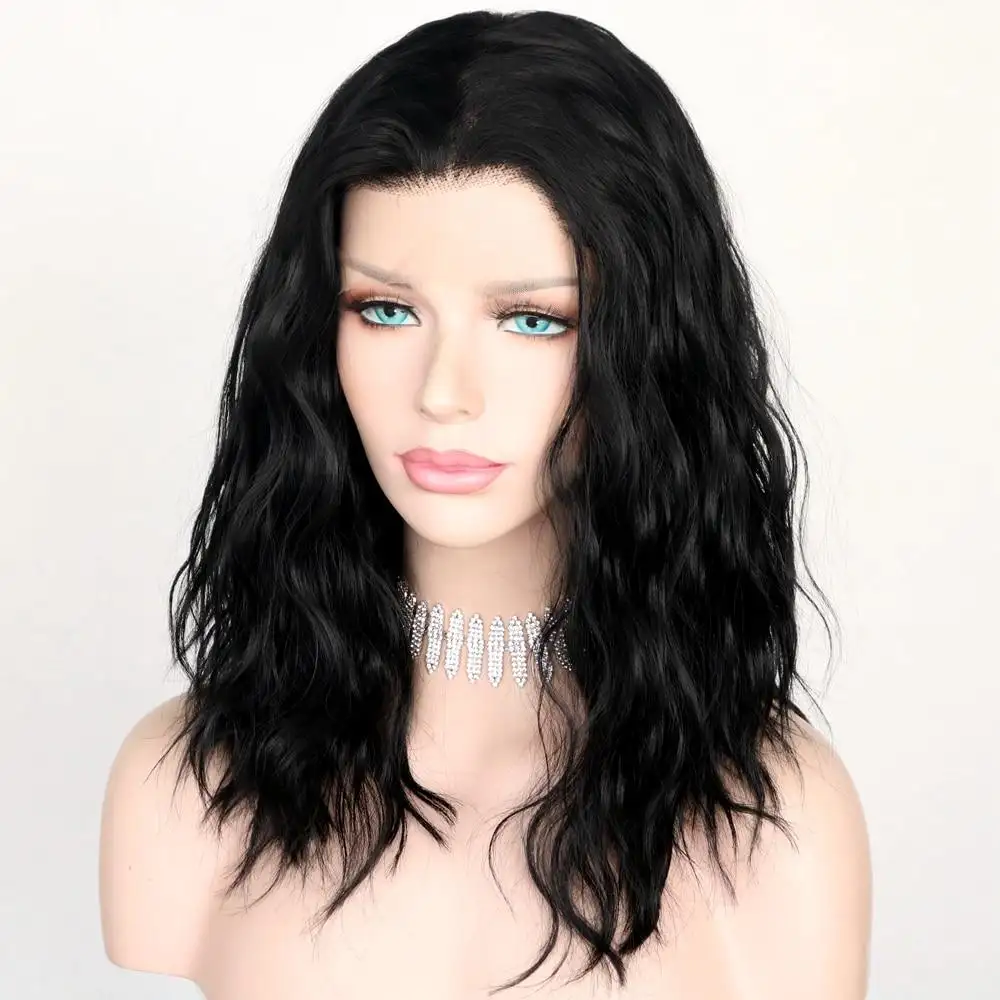 Black Wavy Middle Parting Hand Tied Glueless Heat Resistant Synthetic Lace Front Wig - Image 2