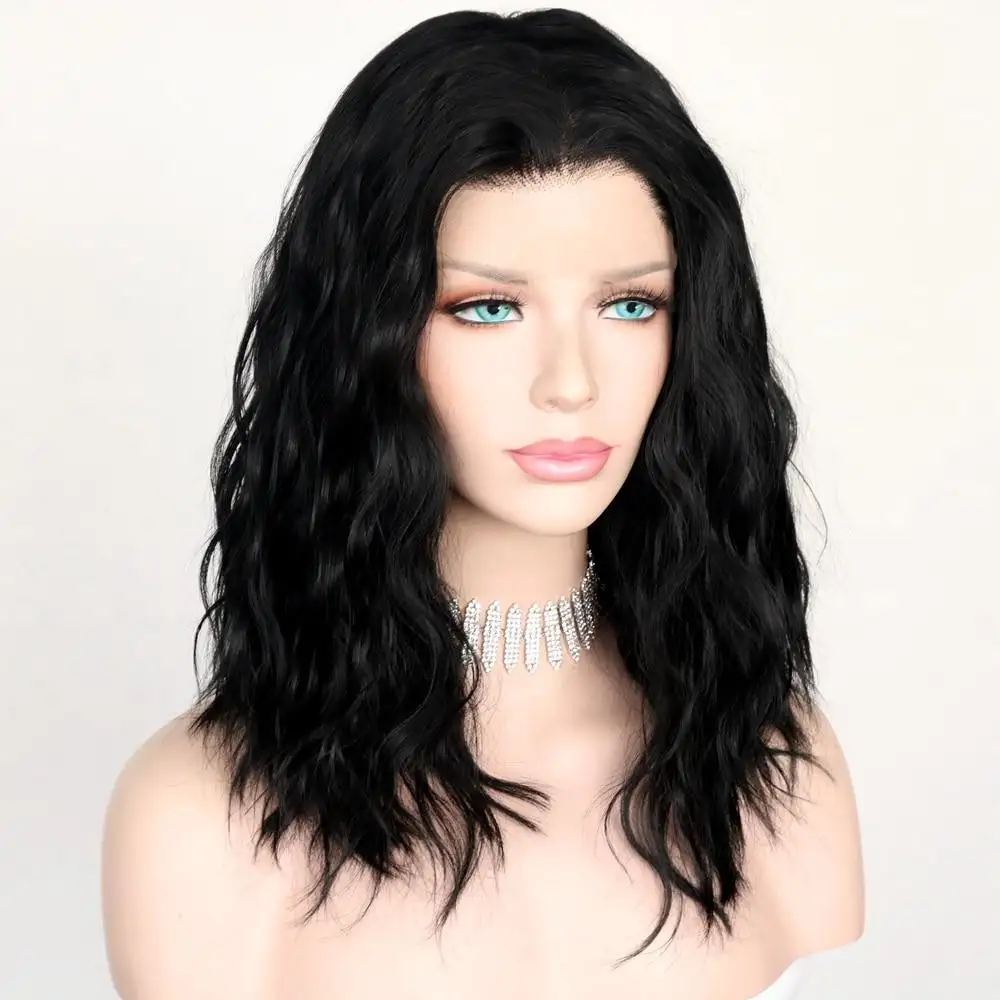 Black Wavy Middle Parting Hand Tied Glueless Heat Resistant Synthetic Lace Front Wig - Image 3