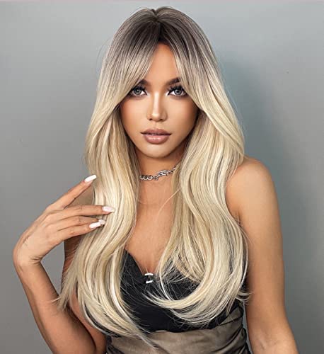 Blonde Wavy 22 Inch  Hair Wig with Curtain Bangs - Image 2