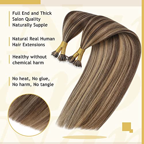 Caramel Blonde Highlighted Pre Bond Human Hair Nano Tip Extensions - Image 3