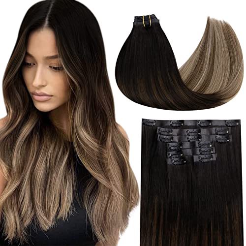 Clip in Balayage Chocolate Brown to Caramel Blonde and Brown Human  Hair Extensions - Image 41
