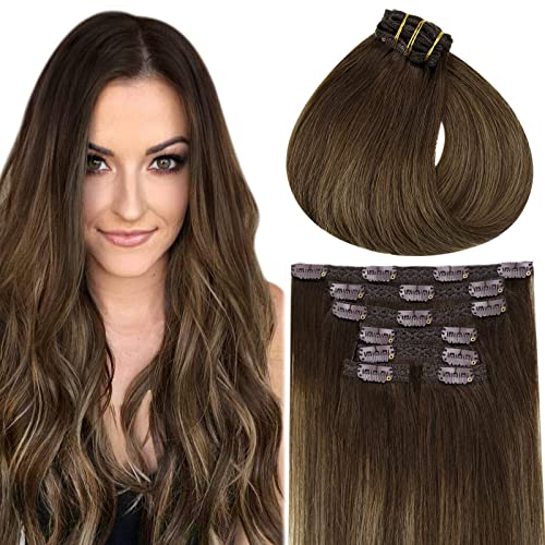Clip in Balayage Chocolate Brown to Caramel Blonde and Brown Human  Hair Extensions - Image 48