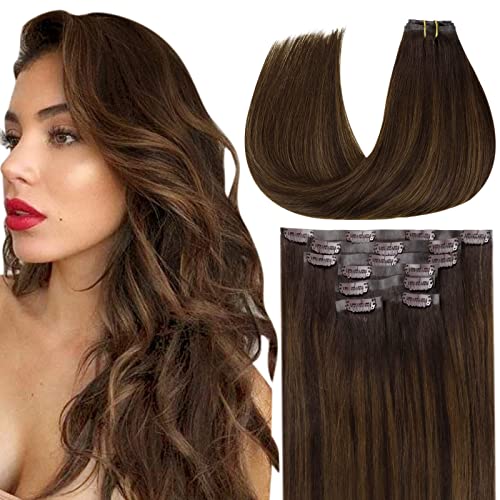 Clip in Balayage Chocolate Brown to Caramel Blonde and Brown Human  Hair Extensions - Image 59
