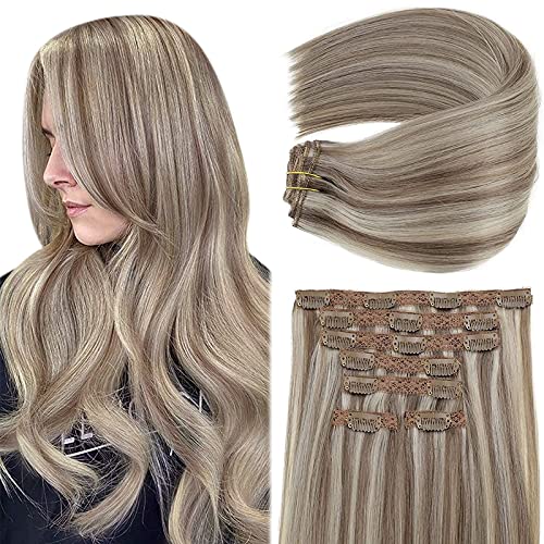 Clip in Balayage Chocolate Brown to Caramel Blonde and Brown Human  Hair Extensions - Image 65