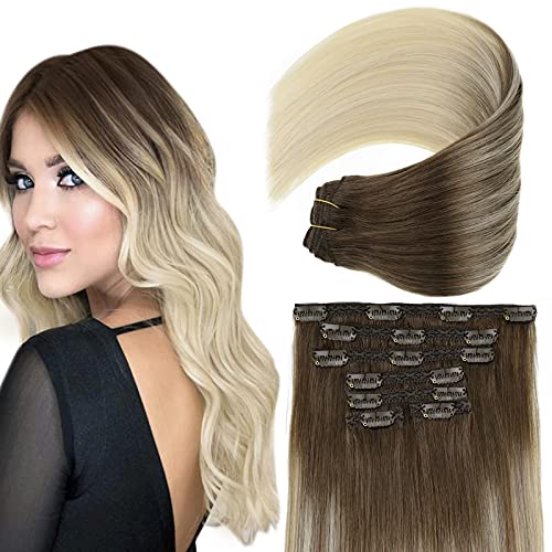 Clip in Balayage Chocolate Brown to Caramel Blonde and Brown Human  Hair Extensions - Image 81