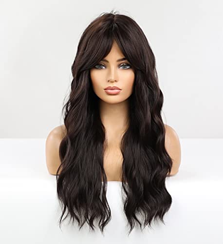 Dark Brown Wavy Wig with Blunt Bangs - Image 3