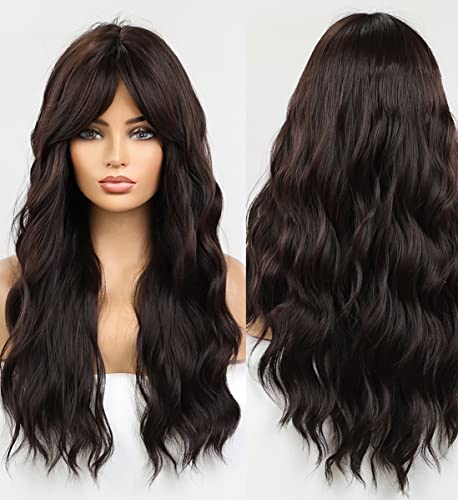 Dark Brown Wavy Wig with Blunt Bangs - Image 4