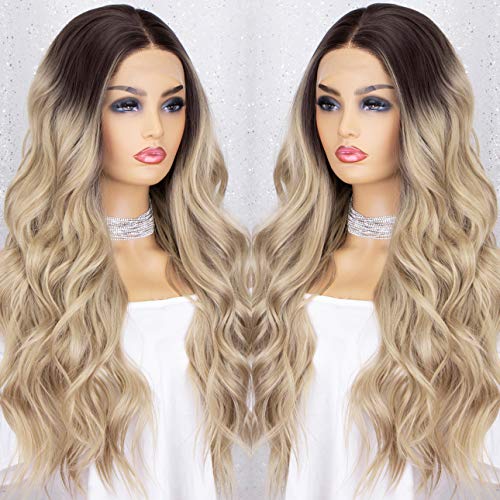 Curly Ash Blonde Lace Front Wig with Dark Roots - Image 6
