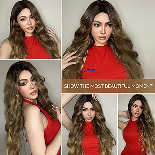 Dark Brown Roots to Blonde Middle Part Wigs Heat Resistant Wig - Image 3