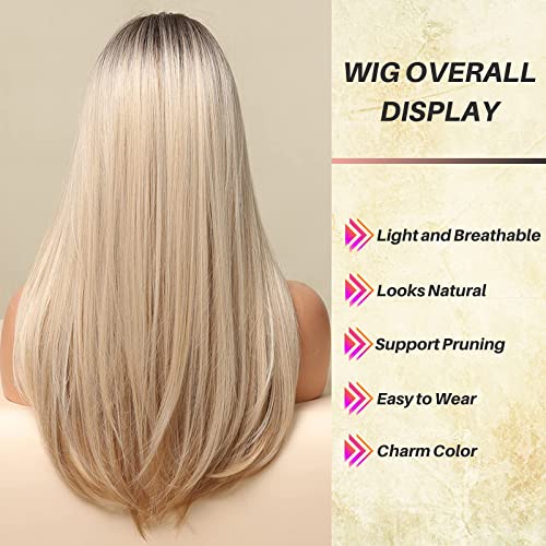 Dark Rooted Long Blonde Wig with Bangs - Image 2