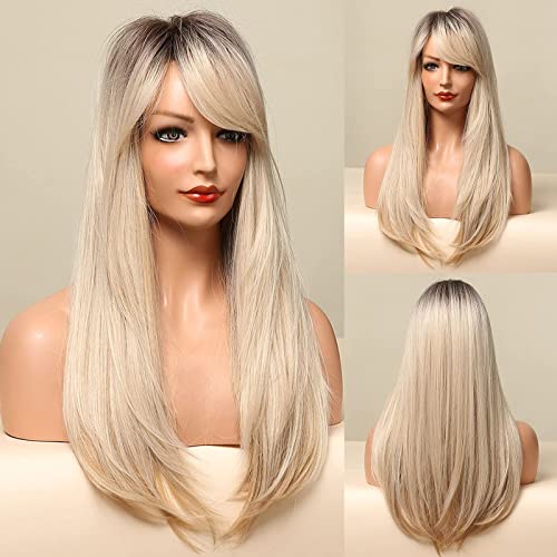 Dark Rooted Long Blonde Wig with Bangs - Image 3