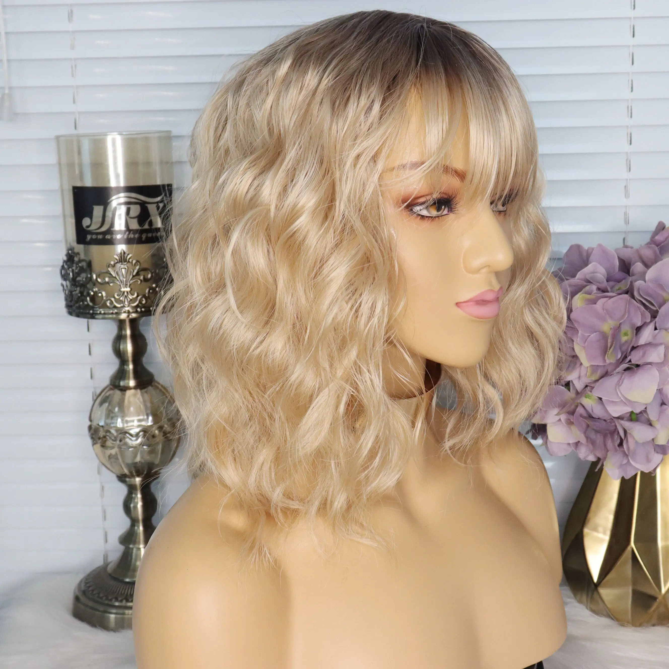 Delila Ombre Blonde Wavy Hair Bob Wig With Bangs - Image 5