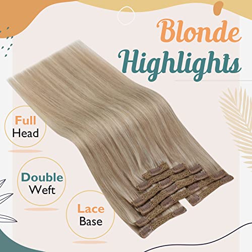 Double Weft Ash Blonde Mix Bleach Blonde Human Hair Clip on Hair Extensions - Image 2