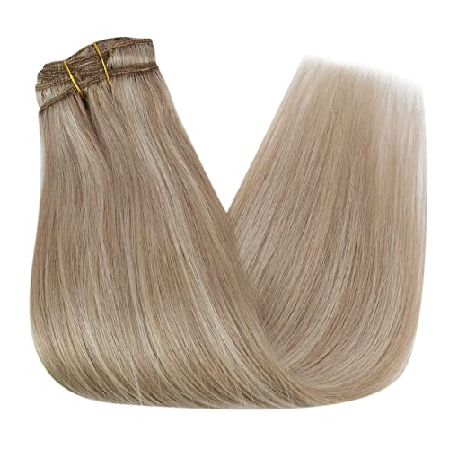 Double Weft Ash Blonde Mix Bleach Blonde Human Hair Clip on Hair Extensions - Image 9