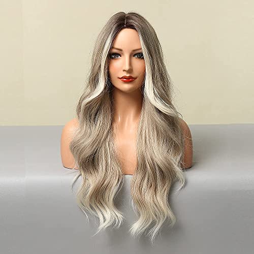 Extra Long 26 inch Wavy Ombre Blonde Wig with Dark Roots and Middle Part - Image 2