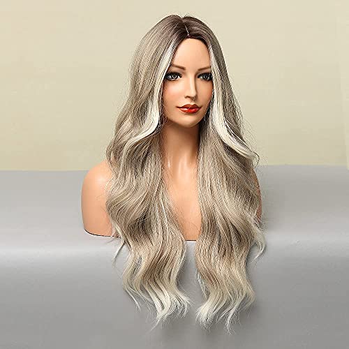 Extra Long 26 inch Wavy Ombre Blonde Wig with Dark Roots and Middle Part - Image 3