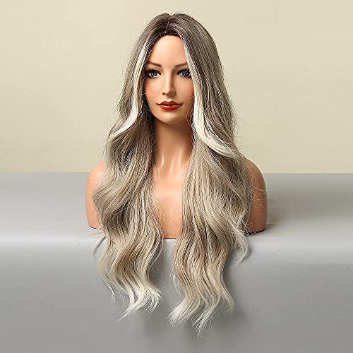 Extra Long 26 inch Wavy Ombre Blonde Wig with Dark Roots and Middle Part - Image 4