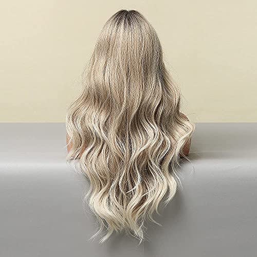 Extra Long 26 inch Wavy Ombre Blonde Wig with Dark Roots and Middle Part - Image 5