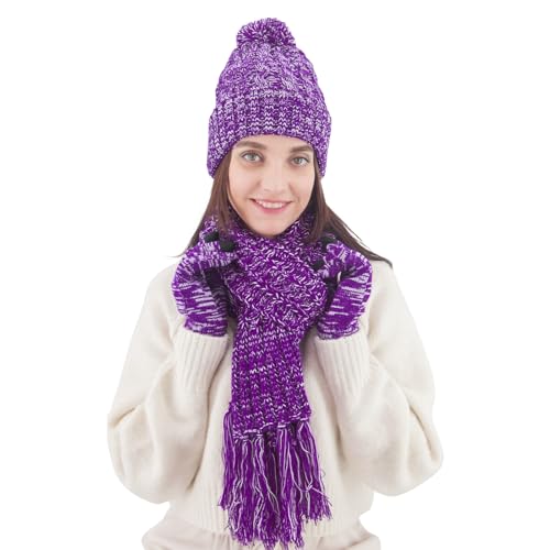 Fleece Lined Cable Knit Beanie Hat Scarf Glove Set - Image 11