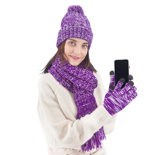 Fleece Lined Cable Knit Beanie Hat Scarf Glove Set - Image 12