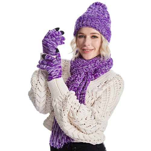 Fleece Lined Cable Knit Beanie Hat Scarf Glove Set - Image 13