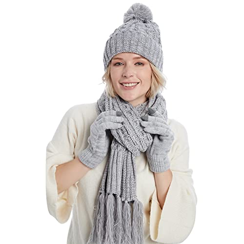 Fleece Lined Cable Knit Beanie Hat Scarf Glove Set - Image 17