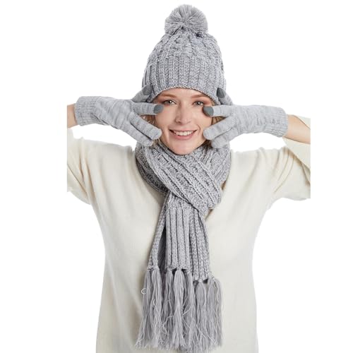 Fleece Lined Cable Knit Beanie Hat Scarf Glove Set - Image 19
