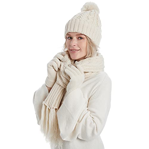 Fleece Lined Cable Knit Beanie Hat Scarf Glove Set - Image 23
