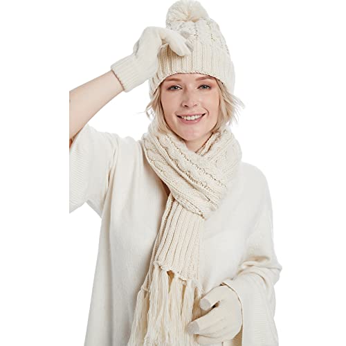 Fleece Lined Cable Knit Beanie Hat Scarf Glove Set - Image 24