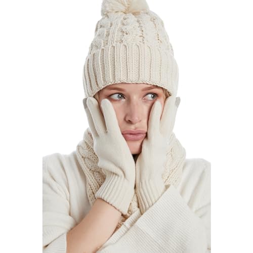 Fleece Lined Cable Knit Beanie Hat Scarf Glove Set - Image 26