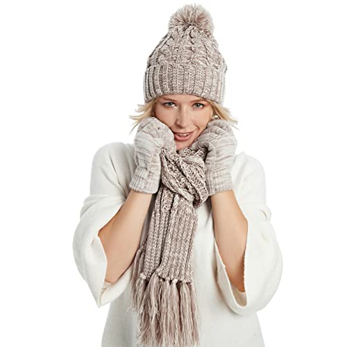 Fleece Lined Cable Knit Beanie Hat Scarf Glove Set - Image 29