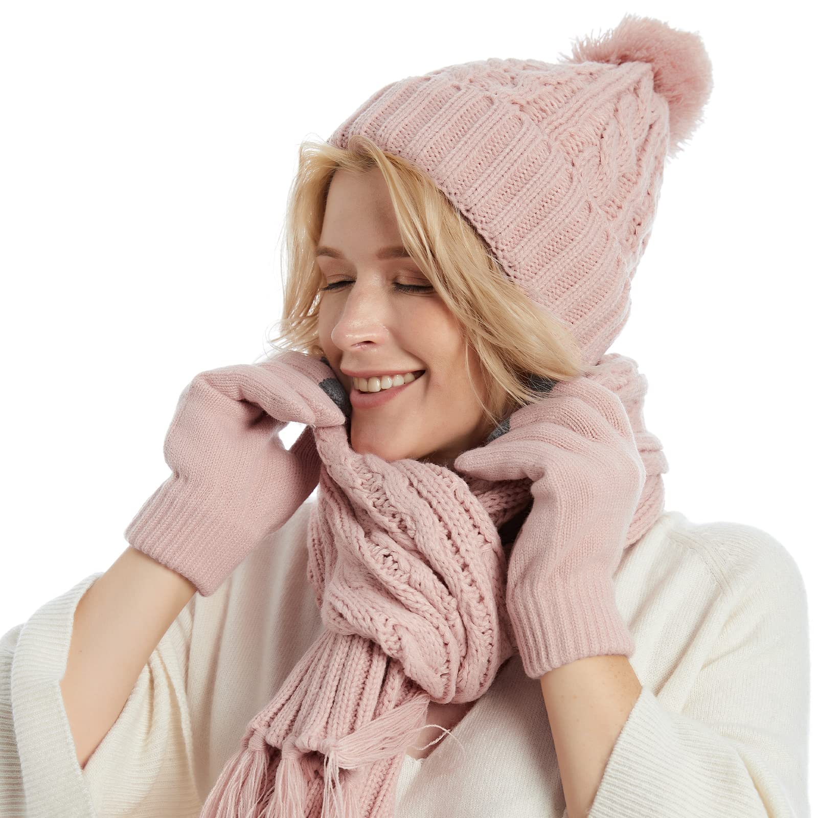 Fleece Lined Cable Knit Beanie Hat Scarf Glove Set - Image 3