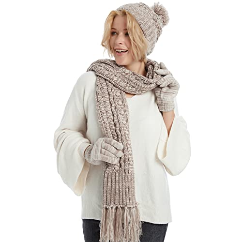 Fleece Lined Cable Knit Beanie Hat Scarf Glove Set - Image 30