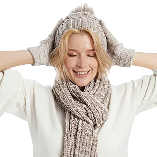 Fleece Lined Cable Knit Beanie Hat Scarf Glove Set - Image 31