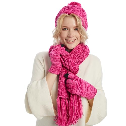 Fleece Lined Cable Knit Beanie Hat Scarf Glove Set - Image 34