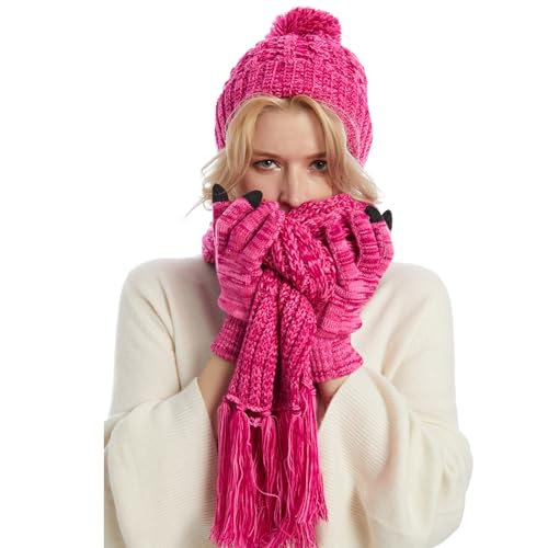 Fleece Lined Cable Knit Beanie Hat Scarf Glove Set - Image 35
