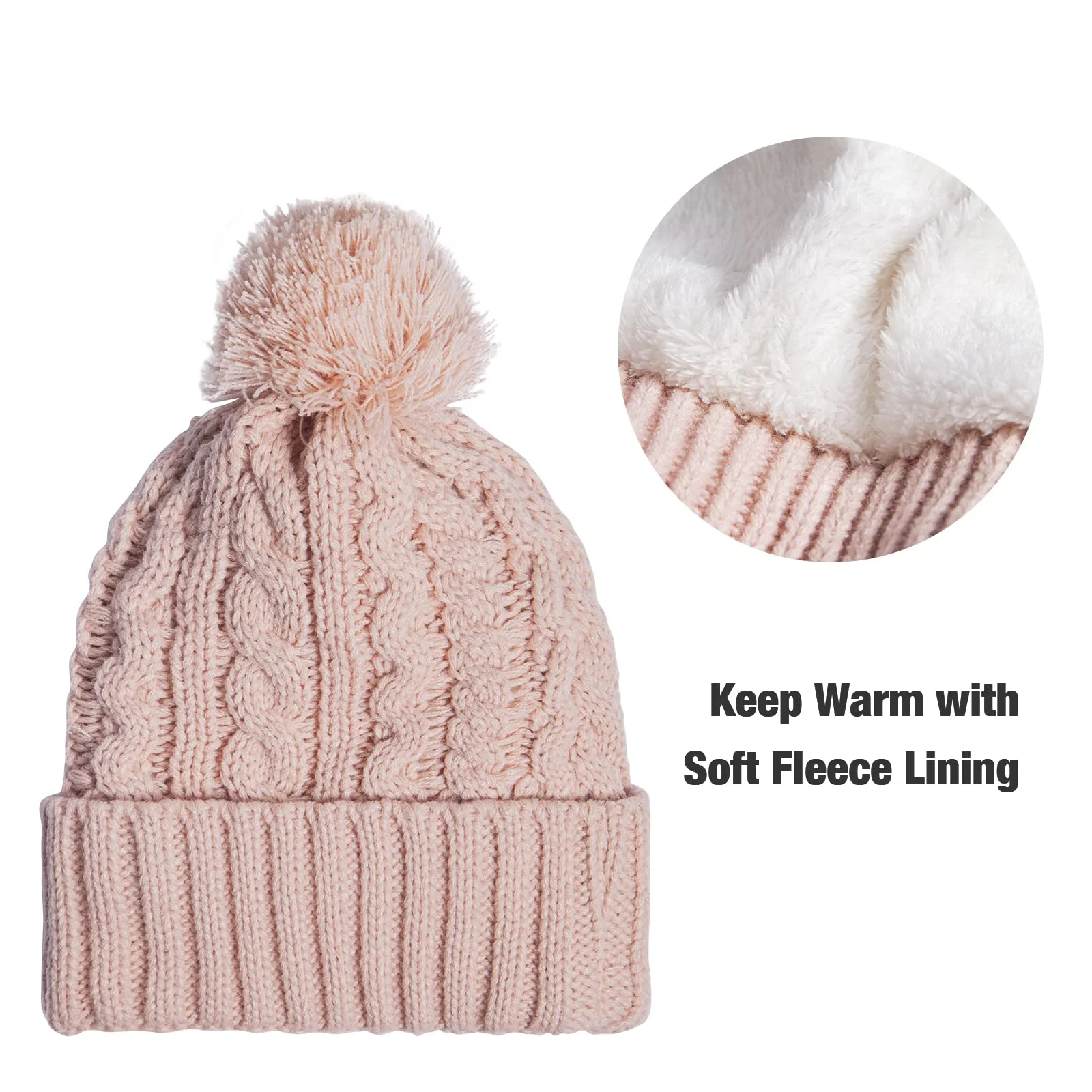Fleece Lined Cable Knit Beanie Hat Scarf Glove Set - Image 4