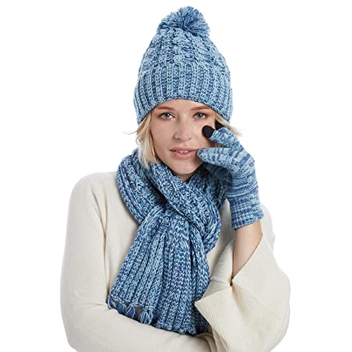 Fleece Lined Cable Knit Beanie Hat Scarf Glove Set - Image 7